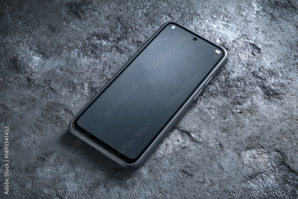Poster modern smartphone resting on a textured stone surface in a minimalist setting during daylight