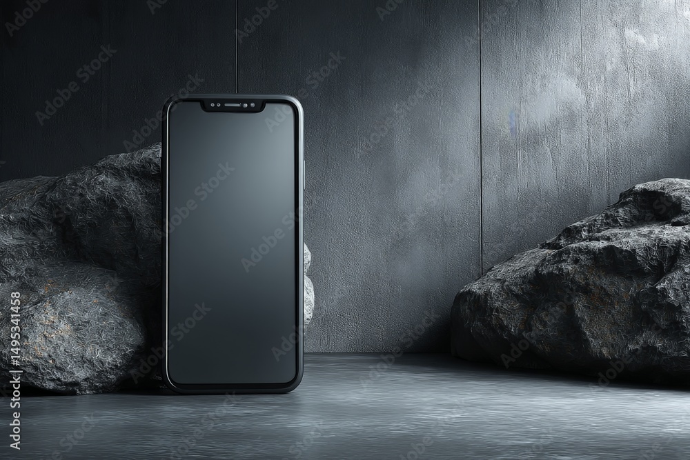 Aufkleber modern smartphone standing against textured gray background with dark rocks, showcasing minimalist d
