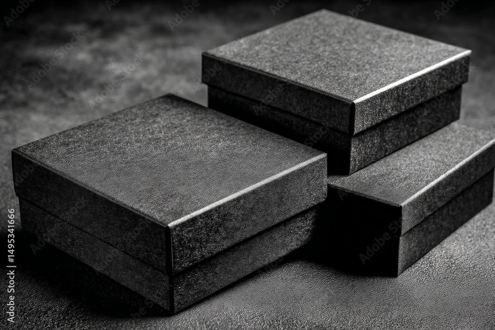 Poster dark textured boxes arranged in a visually appealing composition on a surface