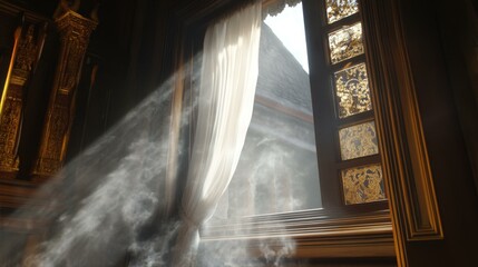 Golden Light Illuminates Window With Curtain Interior Architectural Splendor 90