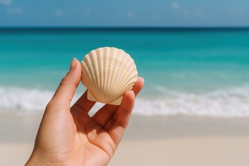Woman holding beautiful seashell on a tropical beach with turquoise water and white sand