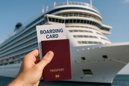 Hand holding passport and boarding card in front of a large cruise ship