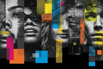 Portraits of four people from different cultural backgrounds are presented in a minimalist style against vibrant color block backdrops