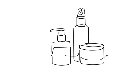 Beauty & skincare products. Bath essentials line drawing. Hand-drawn bottles and jars line art. Hand drawn vector illustration with editable stroke. Isolated on transparent background.
