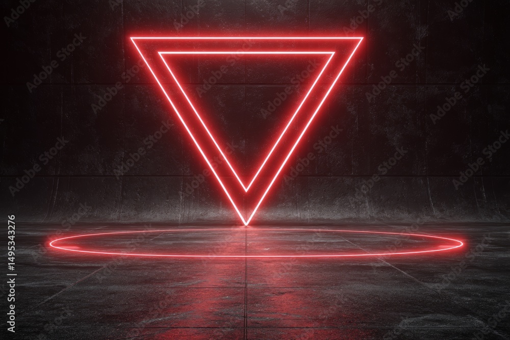 Poster a narrow hallway lined with triangular structures is illuminated by the eerie glow of a red neon lig