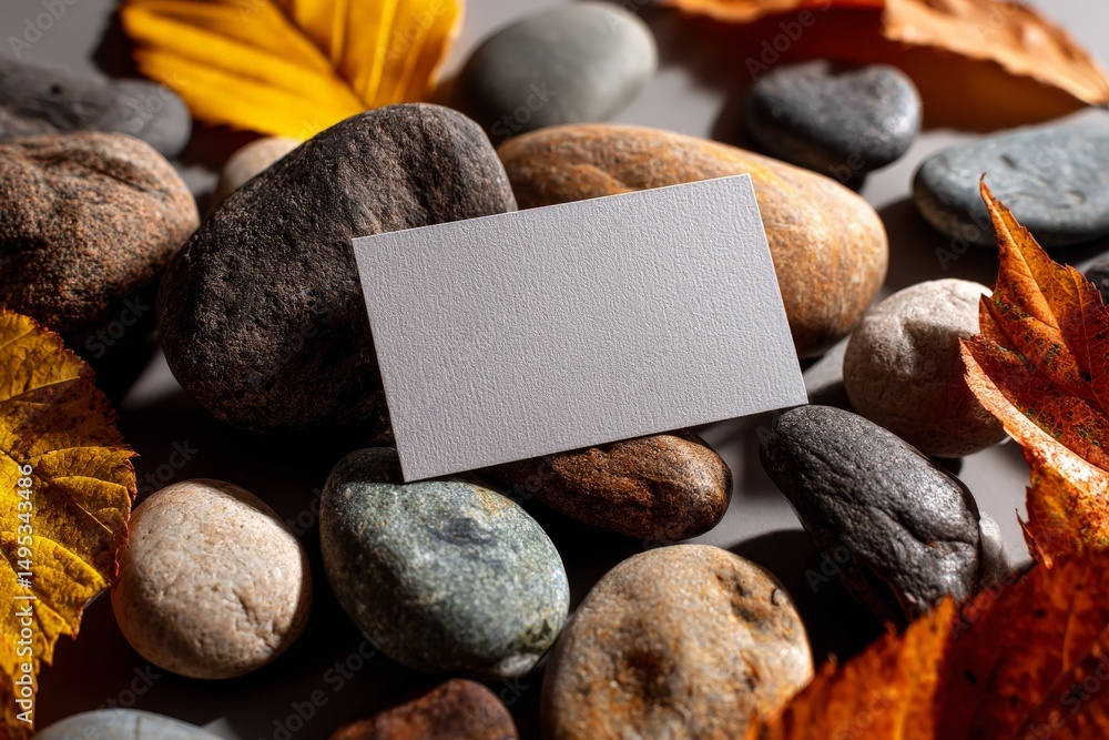 Poster colorful autumn leaves and smooth pebbles arranged around an empty card, creating a serene natural s