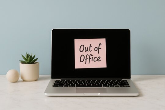Fototapeta Out of office message on a laptop screen indicating unavailability, with a minimalist setup