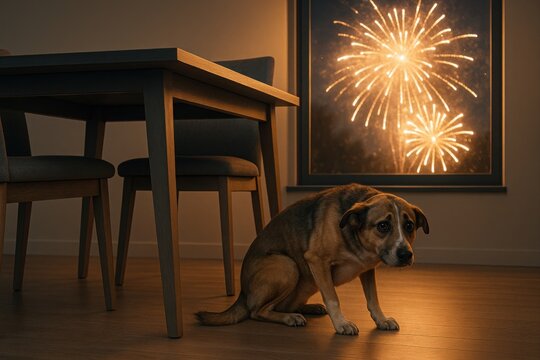 Frightened dog crouching under a table, seeking refuge from the loud noises and bright lights of fireworks exploding outside the window