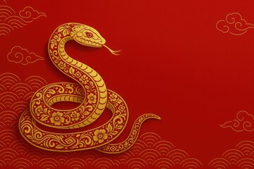 Obraz premium Golden floral patterned snake on red background with traditional chinese clouds and waves, perfect for celebrating lunar new year