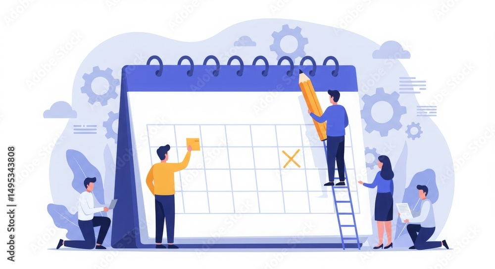 Poster a team collaborates on a calendar, planning tasks and events with tools and notes.