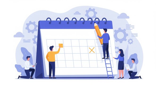 A team collaborates on a calendar, planning tasks and events with tools and notes.