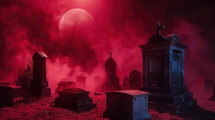 Fototapeta premium Eerie Cemetery Under Red Moonlight with Fog and Gravestones