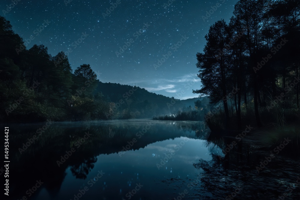 Poster nighttime lake reflection with starry sky, evoking tranquility and peaceful escape for travel and na