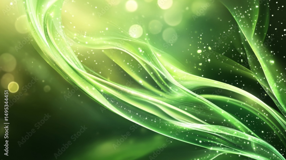 Poster a vibrant abstract design with flowing green lines and sparkling elements.