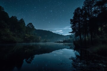 Nighttime Lake Reflection With Starry Sky, Evoking Tranquility and Peaceful Escape for Travel and Nature Enthusiasts : Generative AI