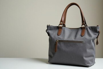 Stylish gray canvas shopper bag, zippers, pockets , fabric bag, white background