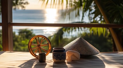 A circular flat lay with a Bhutanese prayer wheel (brass and red accents), a Dutch Delft blue pottery shard (white and cobalt), a Senegalese mudcloth napkin (black and white geometric), and a Vietnam