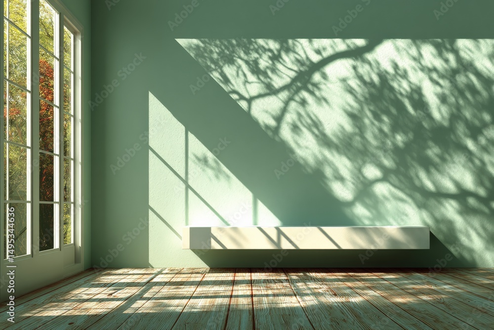 Poster soft shadows cast on a minimalistic room with large windows and a wooden floor in the afternoon ligh