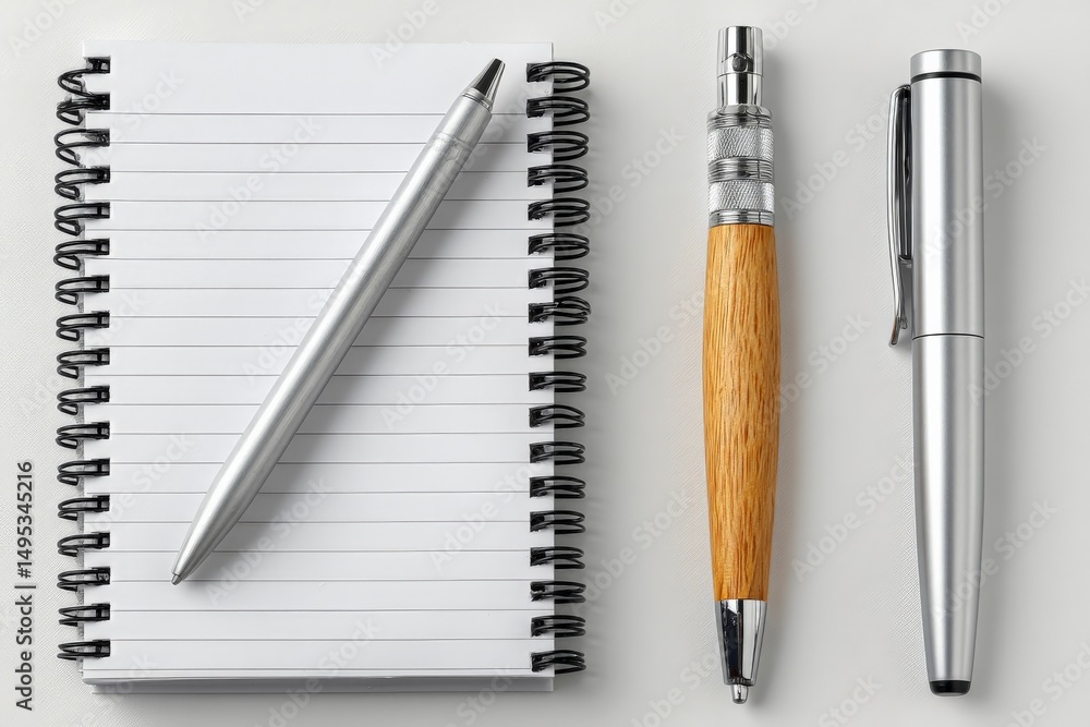 Poster notepad and three pens arranged on a table highlighting a writing session with different styles and 