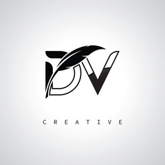 DV Letter Logo with Feather Pen – Elegant Monogram for Creative Branding and Identity Design