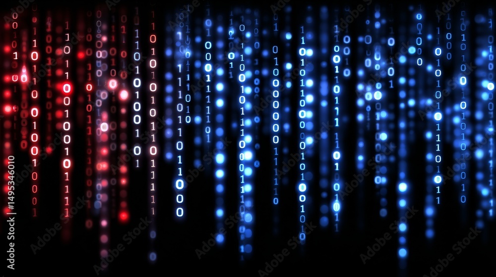 Poster this image displays a digital matrix that is illuminated by red and blue light, portraying a field o