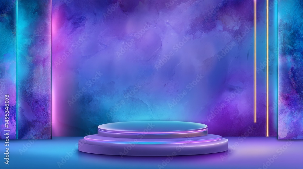 Poster a futuristic and artistic arrangement is created by setting a vibrant round neon platform against a 