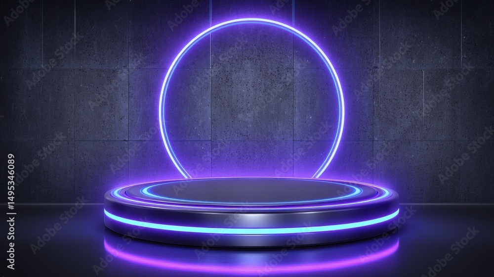 Poster a dark gradient background serves as the setting for a vibrant round neon platform, forming a futuri
