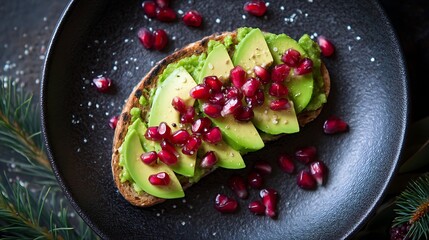 Delicious Avocado Toast with Pomegranate Seeds on Dark Plate