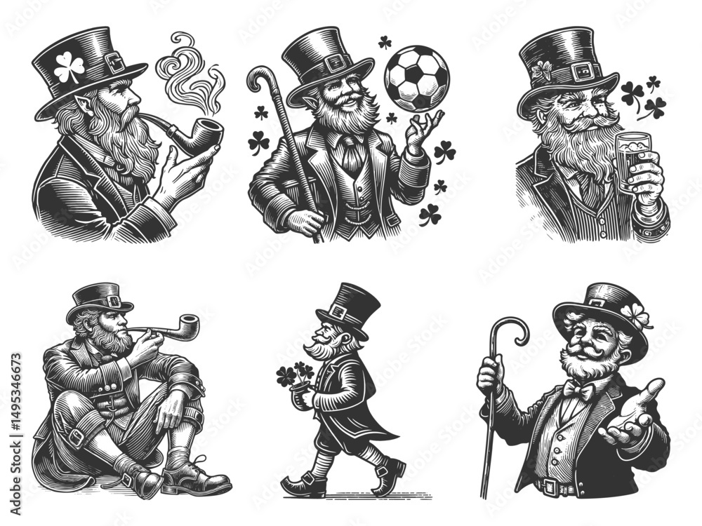 Poster leprechaun characters set collection bundle sketch engraving generative ai vector illustration. scra