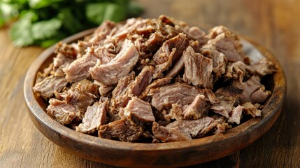 Obraz premium Shredded Slow-Cooked Beef in Wooden Bowl