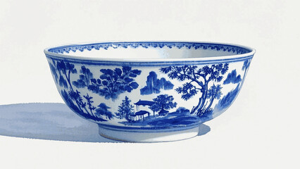 Brushstrokes of Willow: A Watercolor Tale bowl blue willow isolated vector illustration svg   © Arun168