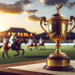 Fototapeta premium A golden trophy isolated on table in polo ground with blurred background 