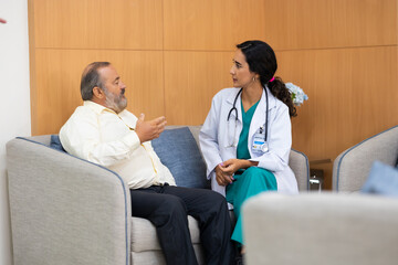 advice, consult : Hispanic female nutritionist doctor giving advice, consult to fat man stroke...