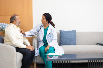 advice, consult : Hispanic female nutritionist doctor giving advice, consult to fat man stroke patient, Preventive Medicine Health Check-up in Progress