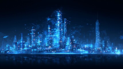 Fototapeta premium The detailed and colorful image of a hydrogen facility, powered by clean energy, showcases a complex futuristic plant with various machinery, pipelines, and towers, all set in a modern industrial