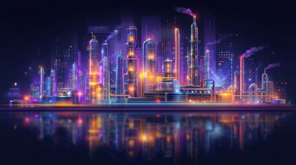 The image depicts a complex, futuristic plant with various machinery, pipelines, and towers, powered by clean energy in a modern industrial environment, and is detailed and colorful, showcasing a