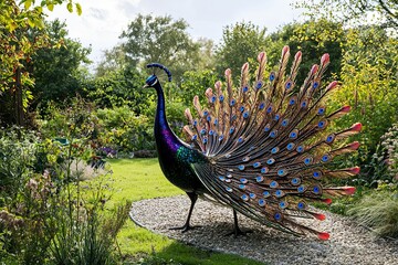 Colorful peacock displaying feathers in a lush garden setting  