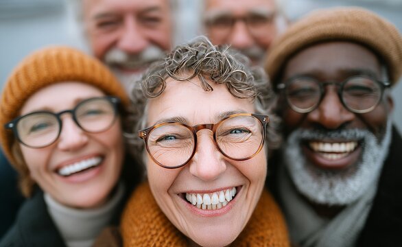 A vibrant outdoor scene features a diverse crowd of people spanning multiple generations and ethnicities, all of whom are smiling and hugging each other as they pose for a photograph, highlighting