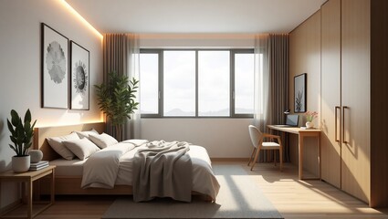 Fototapeta premium Modern minimalist bedroom sunlight.