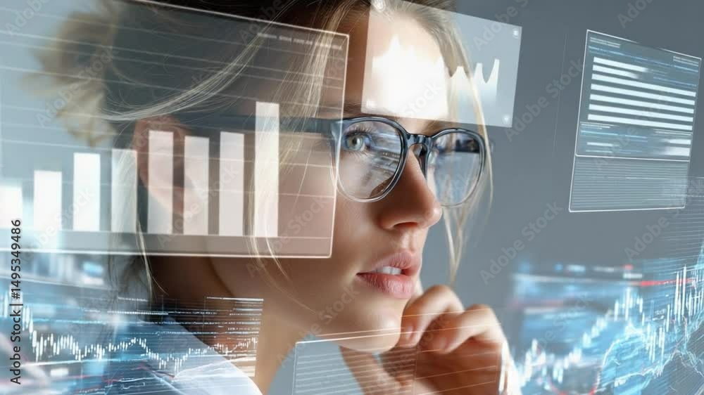 Poster visionary insights: a focused individual gazes intently at the data-driven projections, symbolizing 