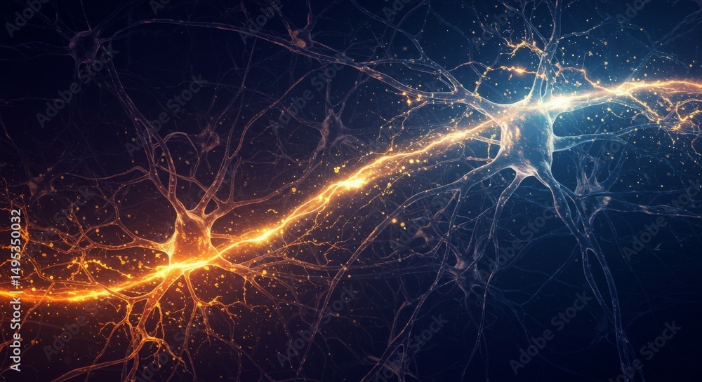Poster abstract representation of neurons with glowing connections, illustrating neural activity.