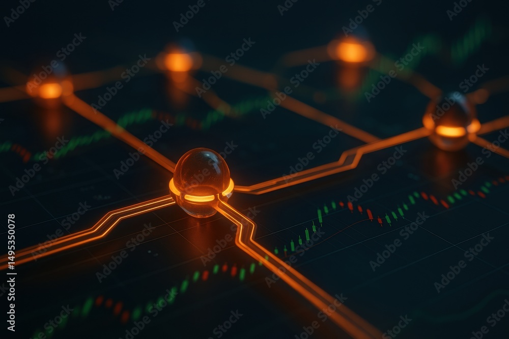 Poster abstract digital representation of network nodes with glowing elements on financial chart background