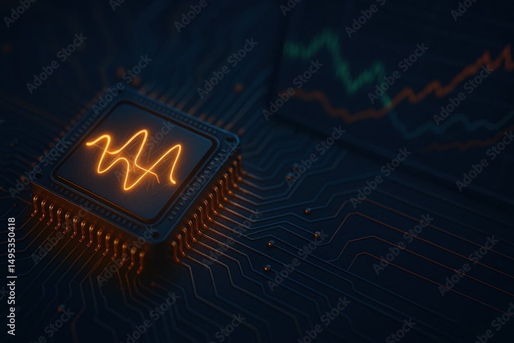 Aufkleber digital circuit board close-up with orange waveform on microchip, technology background