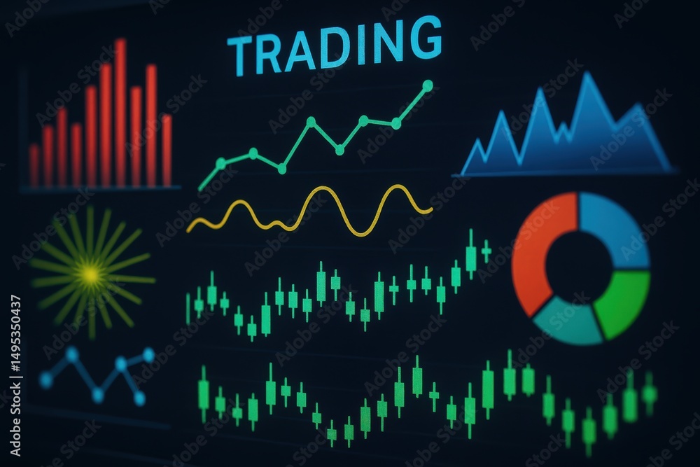 Poster data visualization of trading analytics with various graphs and charts on dark background