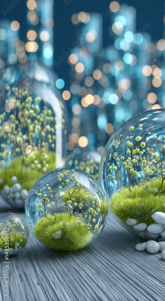 Poster captivating green bubbles featuring intricate patterns and reflections are set against a blurred bac