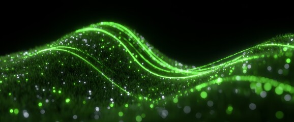 In a modern digital environment at night, technology and connectivity are embodied by an abstract green network of spheres and lines that are interconnected