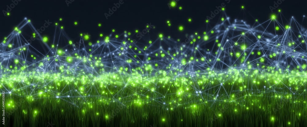 Poster a modern digital environment at night is represented by an abstract green network of connected spher