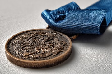 Bronze medal with blue ribbon resting on a light surface, symbolizing achievement and recognition for excellence