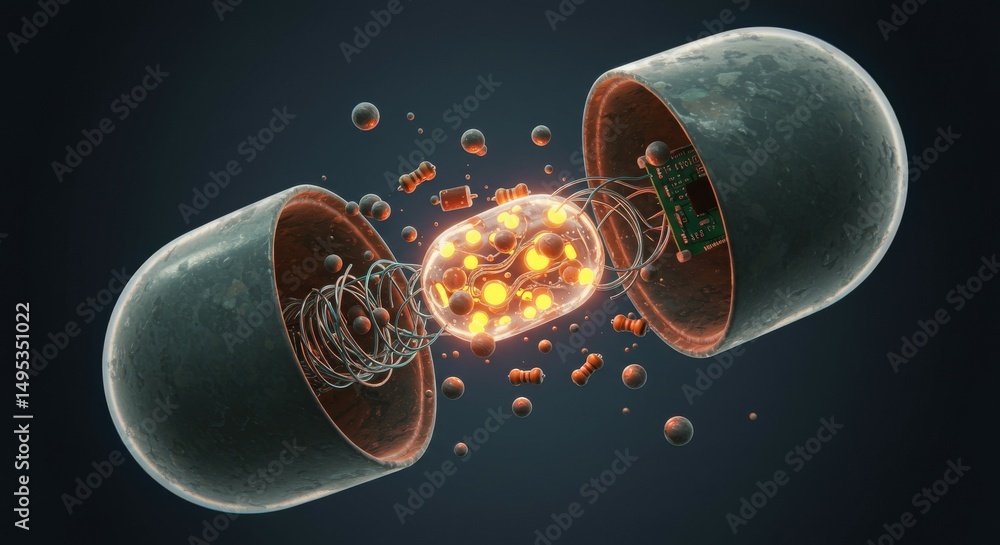 Poster an abstract representation of a capsule containing energy and particles.