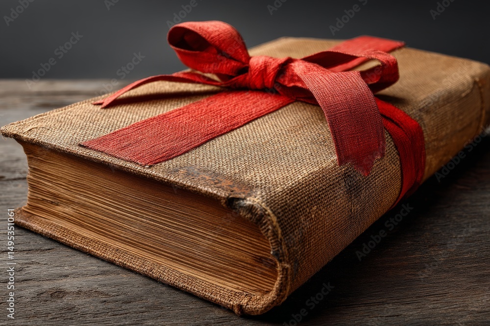 Poster old book wrapped in red ribbon sits on a wooden table in a cozy setting for a nostalgic reading expe